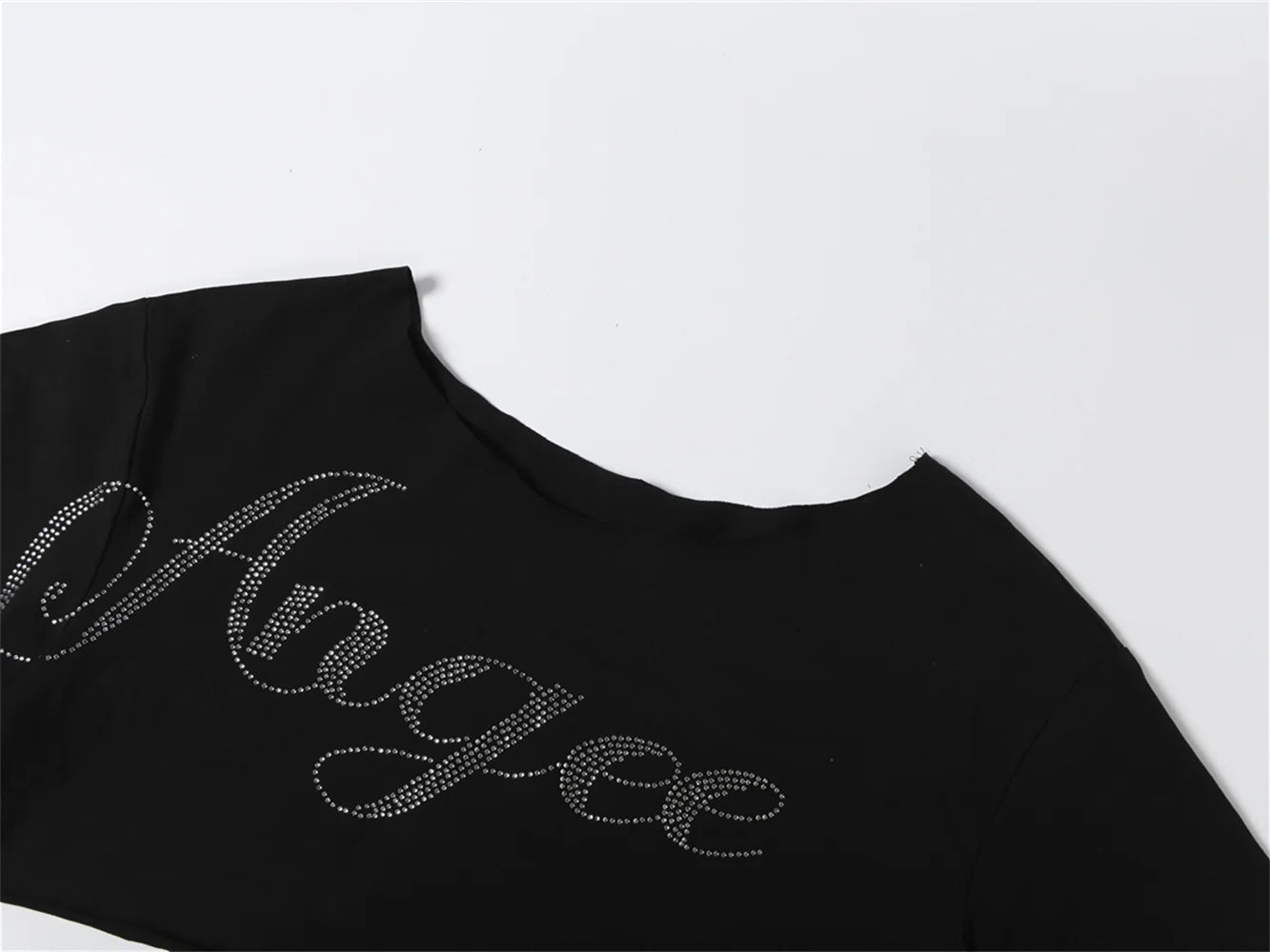 Shimmering Letter Rhinestone Tee Off Shoulder Top With Skew Collar
