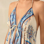 Boho Chic Patterned Suspender Dress With Backless V Neck Pleated Beach Maxi