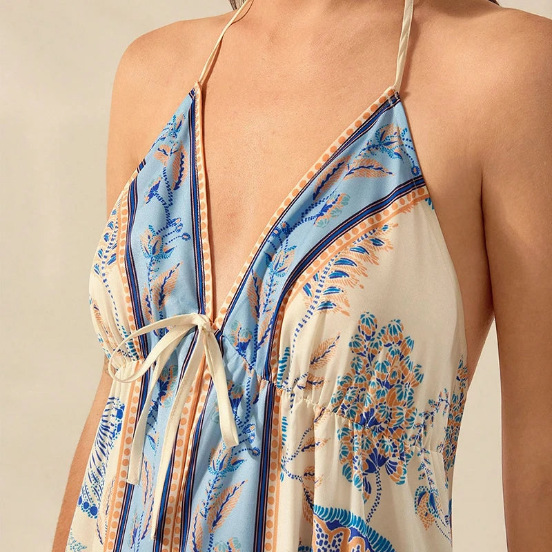 Boho Chic Patterned Suspender Dress With Backless V Neck Pleated Beach Maxi