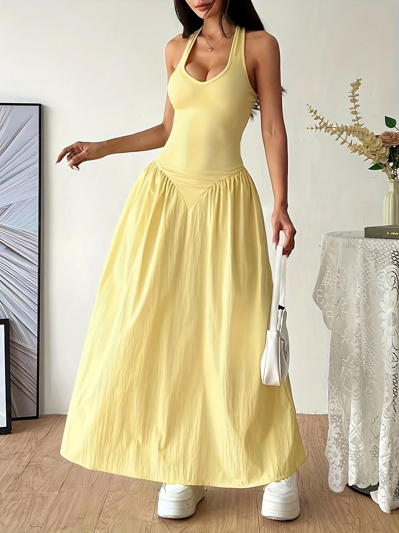Yellow Halter Neck Maxi Dress Sleeveless Backless V Neck A Line