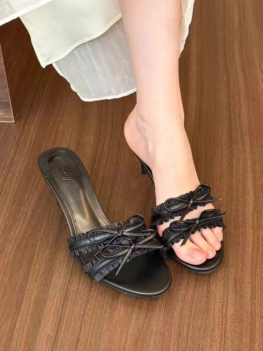 French Inspired Butterfly Bow Open Toe Sandals With Mid Heel For Women
