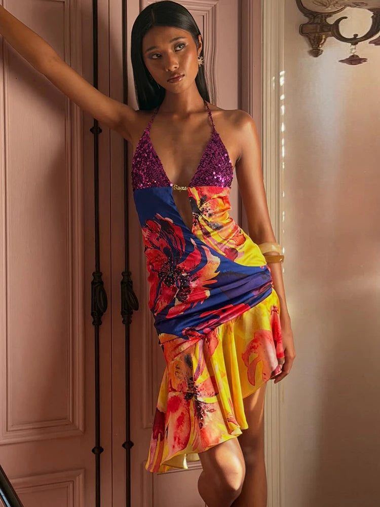 Vibrant Patchwork Sequin Halter Dress With Colorful Flower Print And Irregular Hem