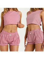 Plaid Set With Tie Back Sleeveless Crop Top And Mini Ruffle Shorts Two-piece