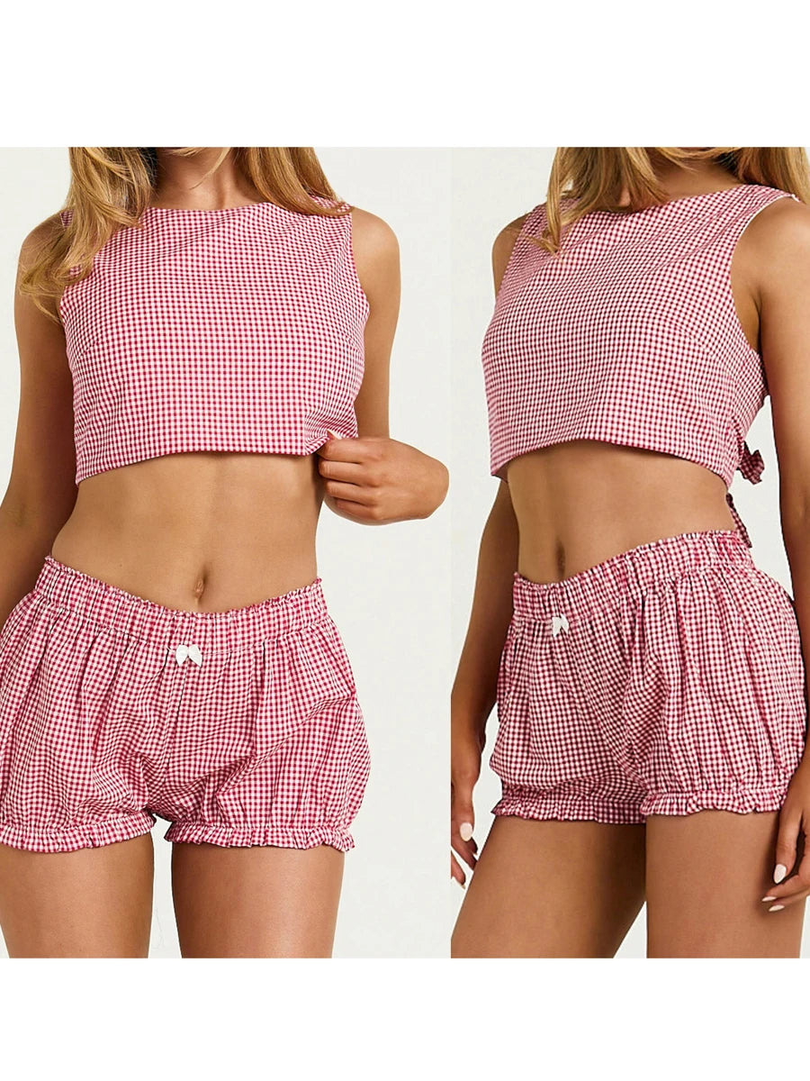 Plaid Set With Tie Back Sleeveless Crop Top And Mini Ruffle Shorts Two-piece
