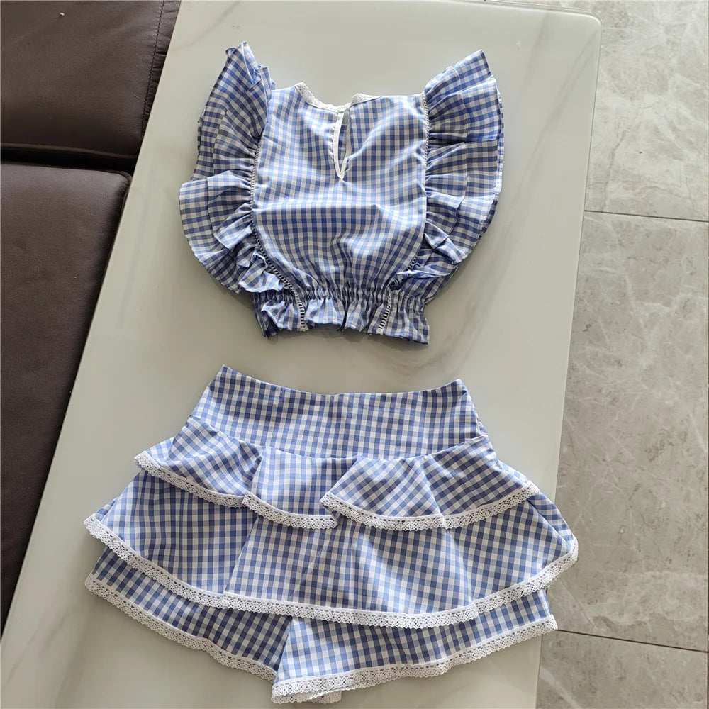 Cotton Plaid Ruffled Top And Shorts Set For Women