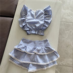 Cotton Plaid Ruffled Top And Shorts Set For Women