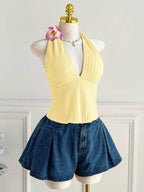 Plus Size Ribbed Halter Cami Top With V Neck And Back Tie Bow