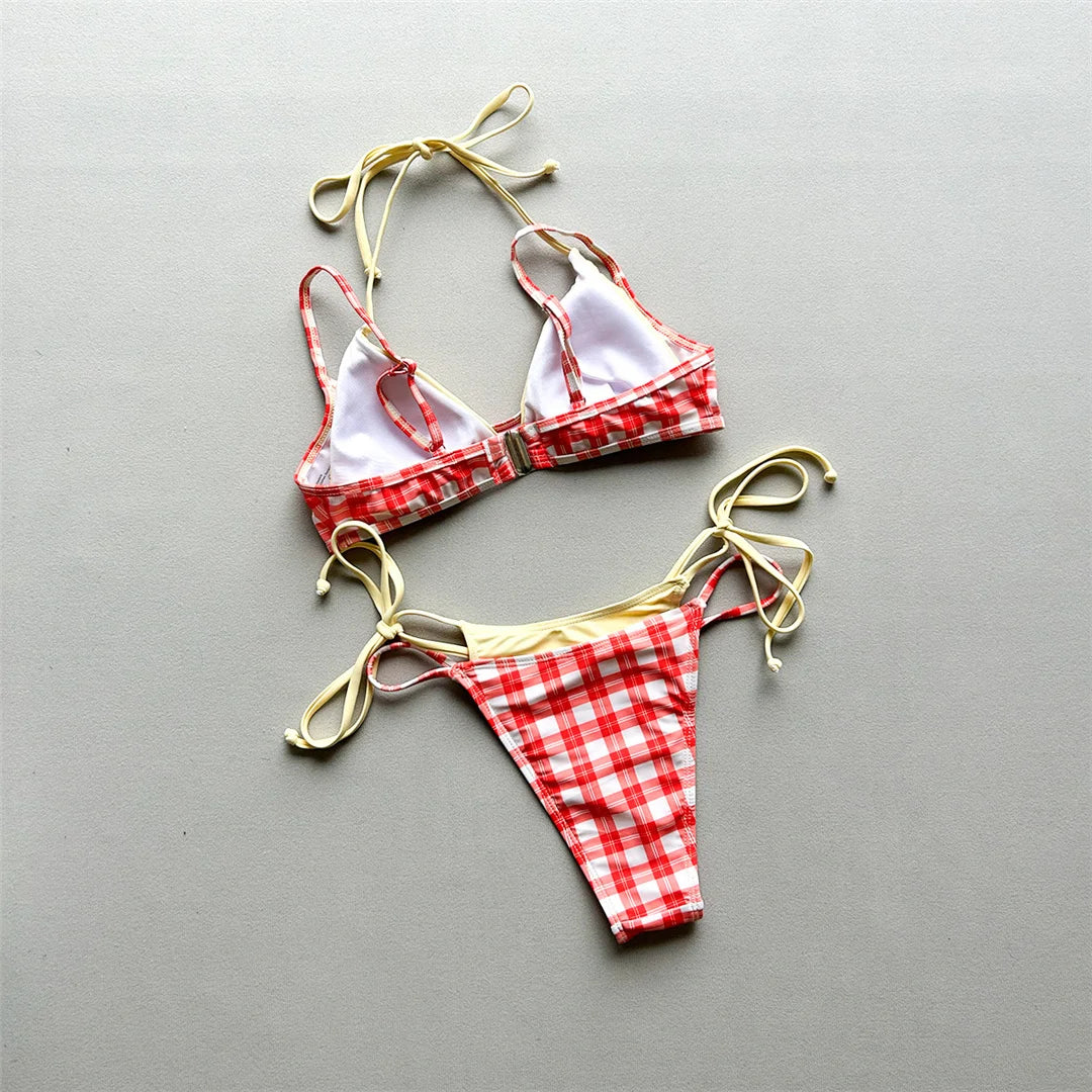 Halter Bikini Set in Plaid and Polka Dots