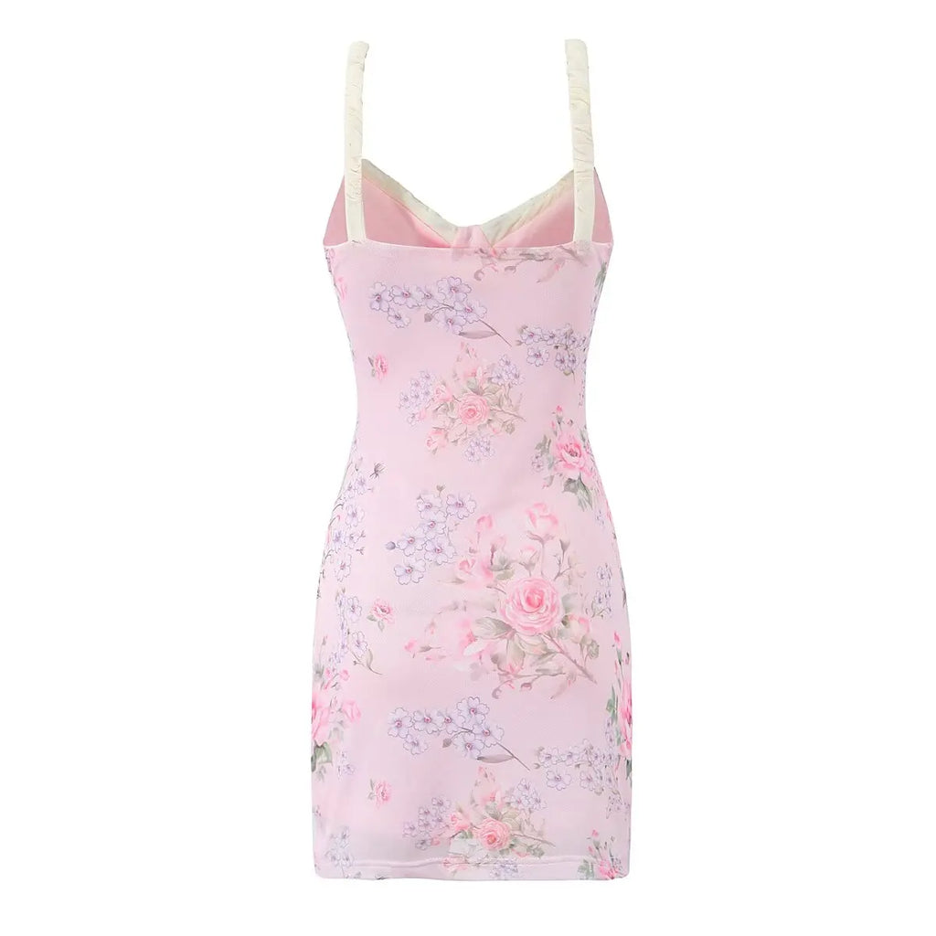Vintage Pink Floral Print Mini Sexy Women's Dress