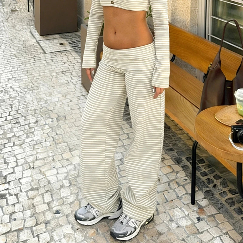 Striped Fold Over Lounge Pants For Women Wide Leg Flare Trousers Cozy Relaxed