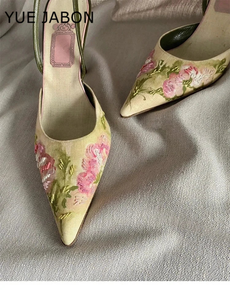 Floral Embroidered Slingback Stiletto Sandals With Pointed Toe High Heels