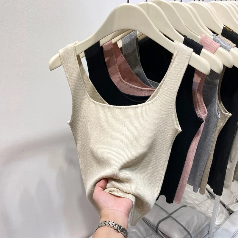 Knitted Strap Top With Clavicle Square Collar