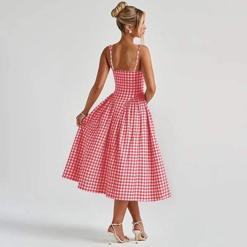 Gingham Square Neck A-Line Midi Dress With Pockets