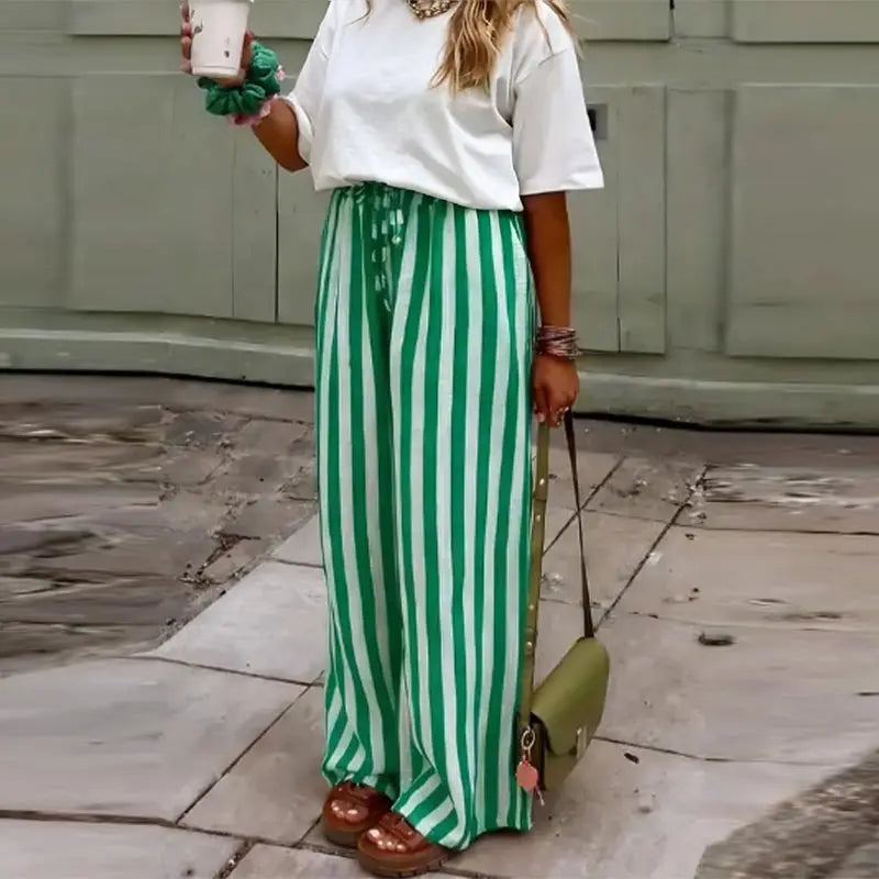 Relaxed Striped Pants For Women With Elastic Waist And Lace Up Detail Wide Leg Straight Trousers