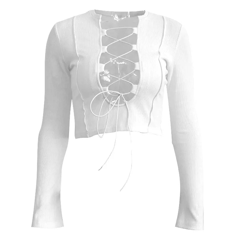 Cross Tie Strap Hollow Out Midriff Top With Long Sleeves