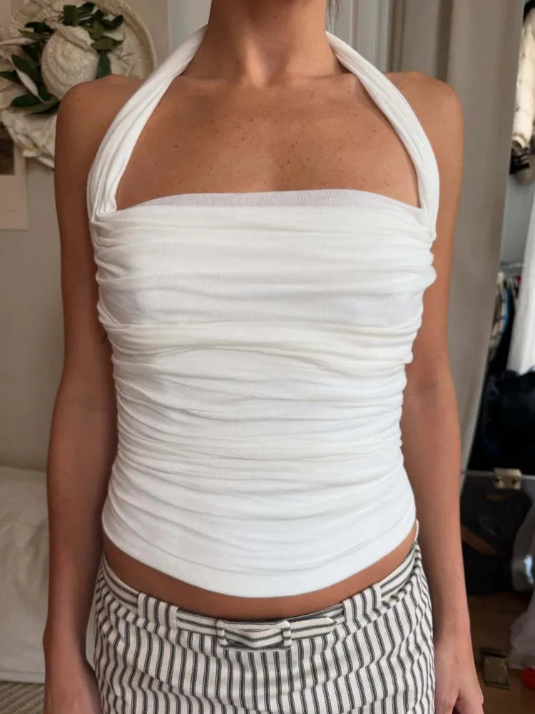 Ruched Halter Backless Top Double Layer