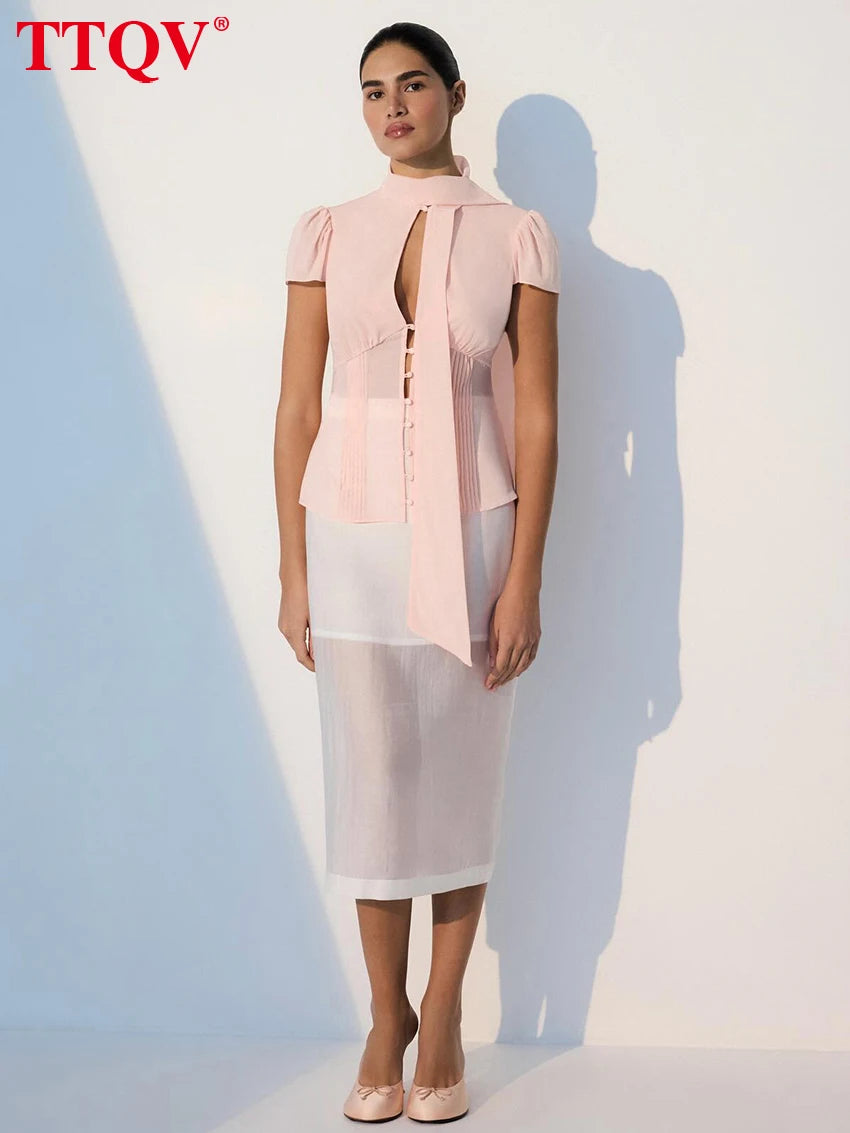 Pink Short Sleeve Shirt With Bow Collar And Lace Up Detailing