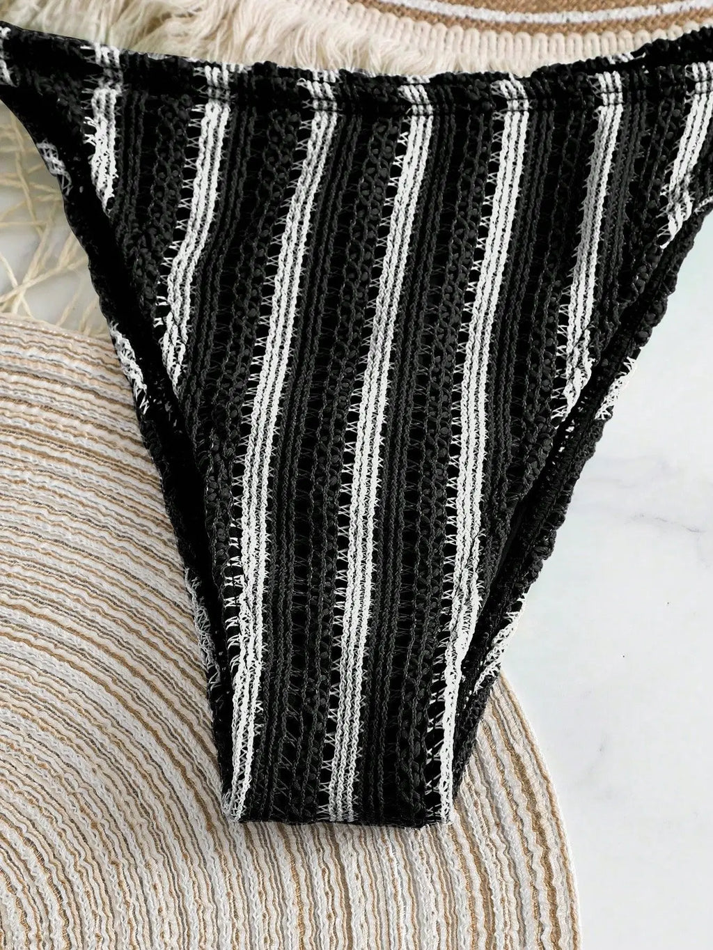 Retro Striped 3 Pieces Knitted Mesh String Bikini Set Swimsuit