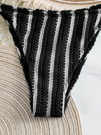 Retro Striped 3 Pieces Knitted Mesh String Bikini Set Swimsuit