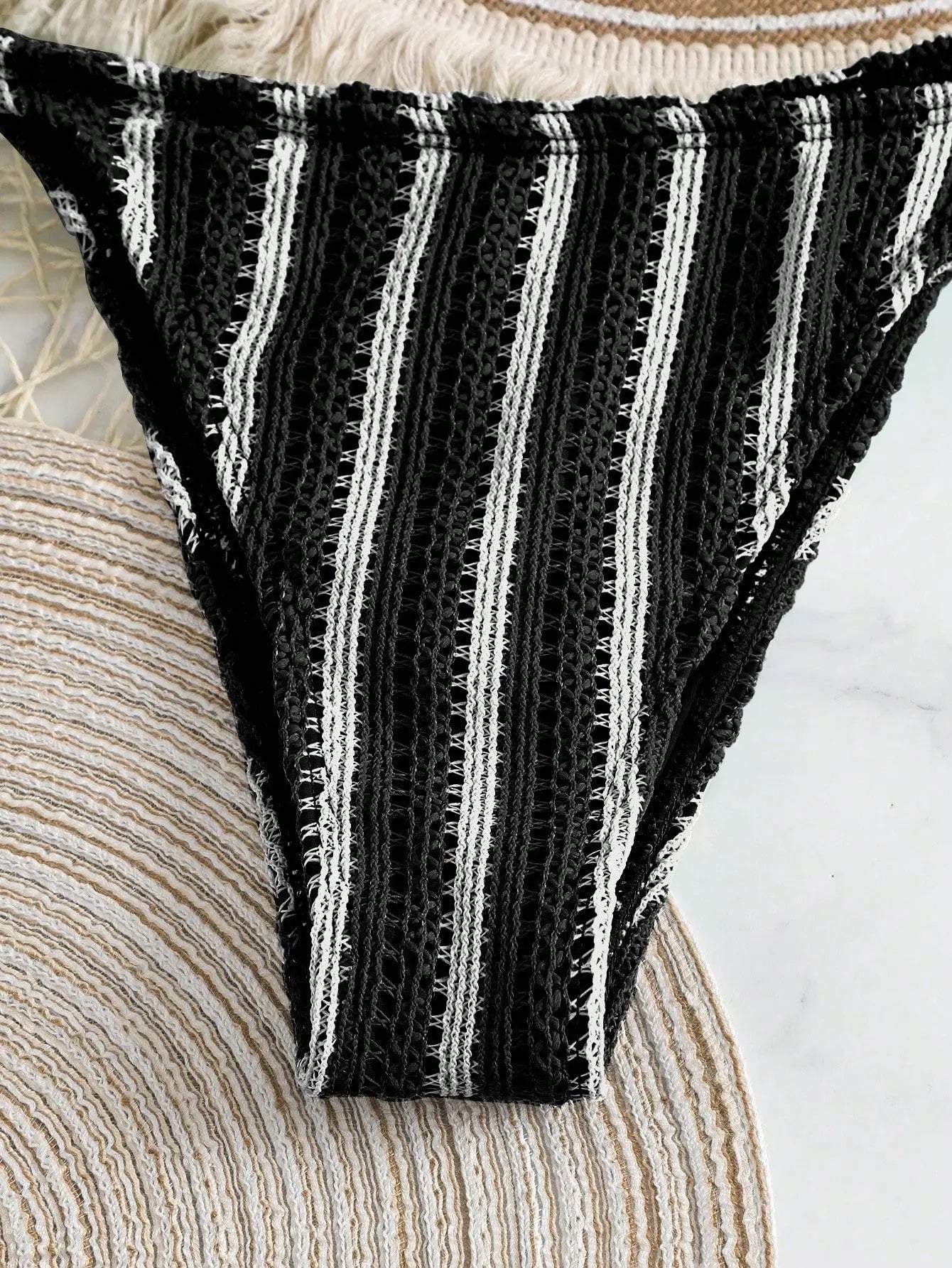 Retro Striped 3 Pieces Knitted Mesh String Bikini Set Swimsuit