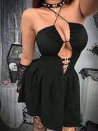 Plus Size Punk Heart Rhinestone Spaghetti Strap Mini Dress With Tie Up Detail
