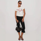 Women's Y2K Cute Capri Pants Solid Color Satin Bow Decor Side Split Summer Slim CroppedTrousers Stretch Crop Leggings