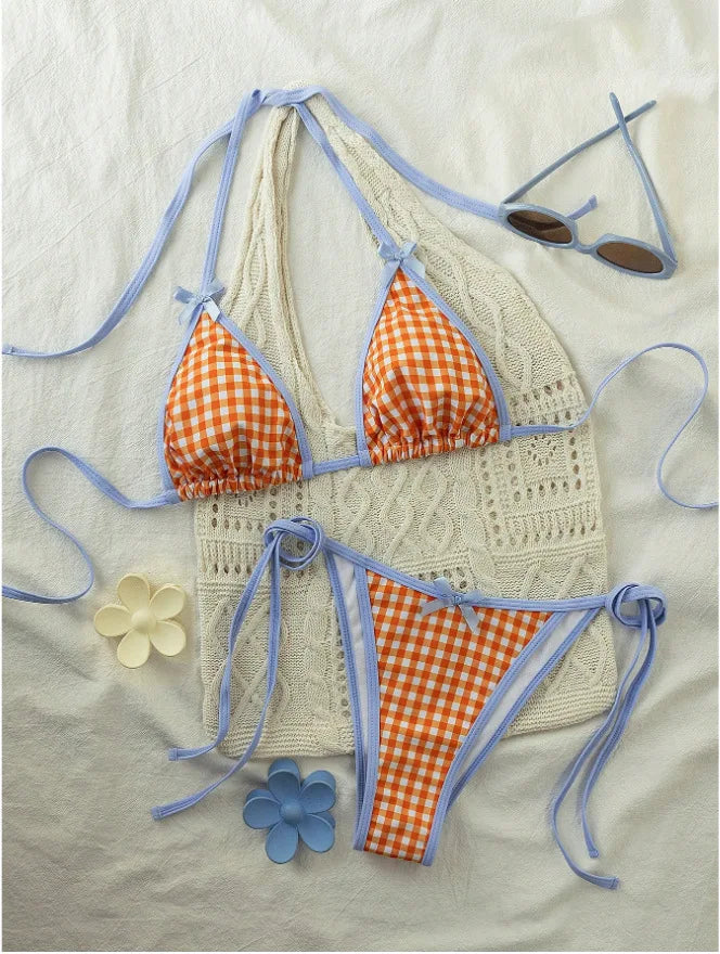 Plaid Lace-Up Bikini Set for Women Sexy Beach Swimwear