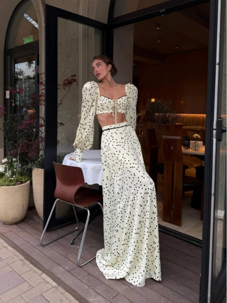 Polka Dot Square Collar Crop Top And High Waist Maxi Skirt Set Outfit