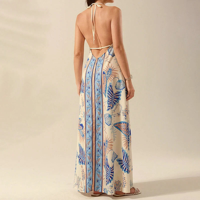 Boho Chic Patterned Suspender Dress With Backless V Neck Pleated Beach Maxi