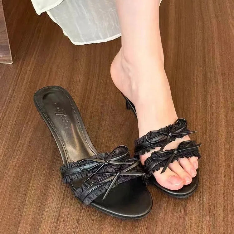 French Inspired Butterfly Bow Open Toe Sandals With Mid Heel For Women