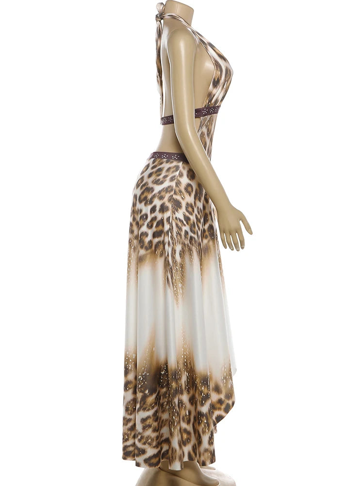 Leopard Print Halter Maxi Dress Backless Sleeveless