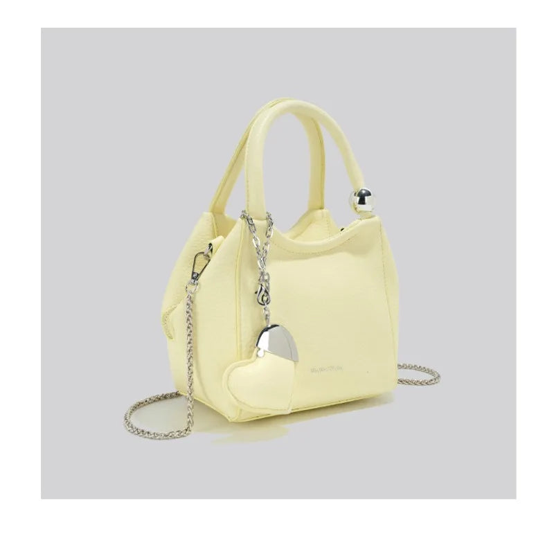 Romantic Litchi Grain Mini Shoulder Bag With Heart Pendant And Delicate Chain Strap