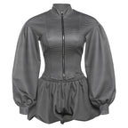Stripe Zipper Cardigan And Ruched Mini Skirt Set