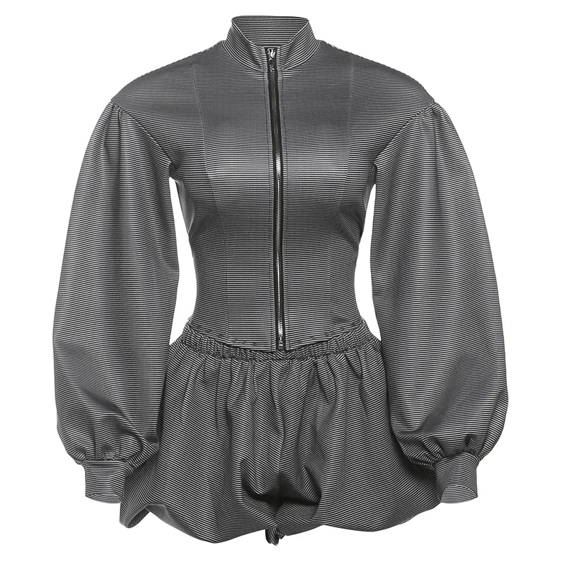 Stripe Zipper Cardigan And Ruched Mini Skirt Set