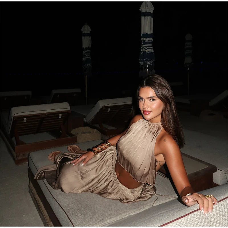 Two Piece Set Solid Color O Neck Top With Backless Lace Up And High Waist A Line Skirt