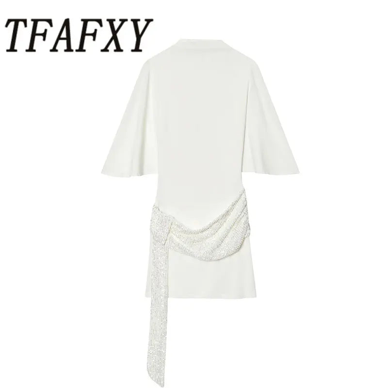 Gleaming Sequin Mini Dress With O Neck Backless Detail