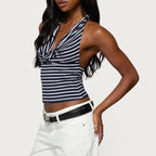 Striped Lace Up Halter Crop Tank With Open Back
