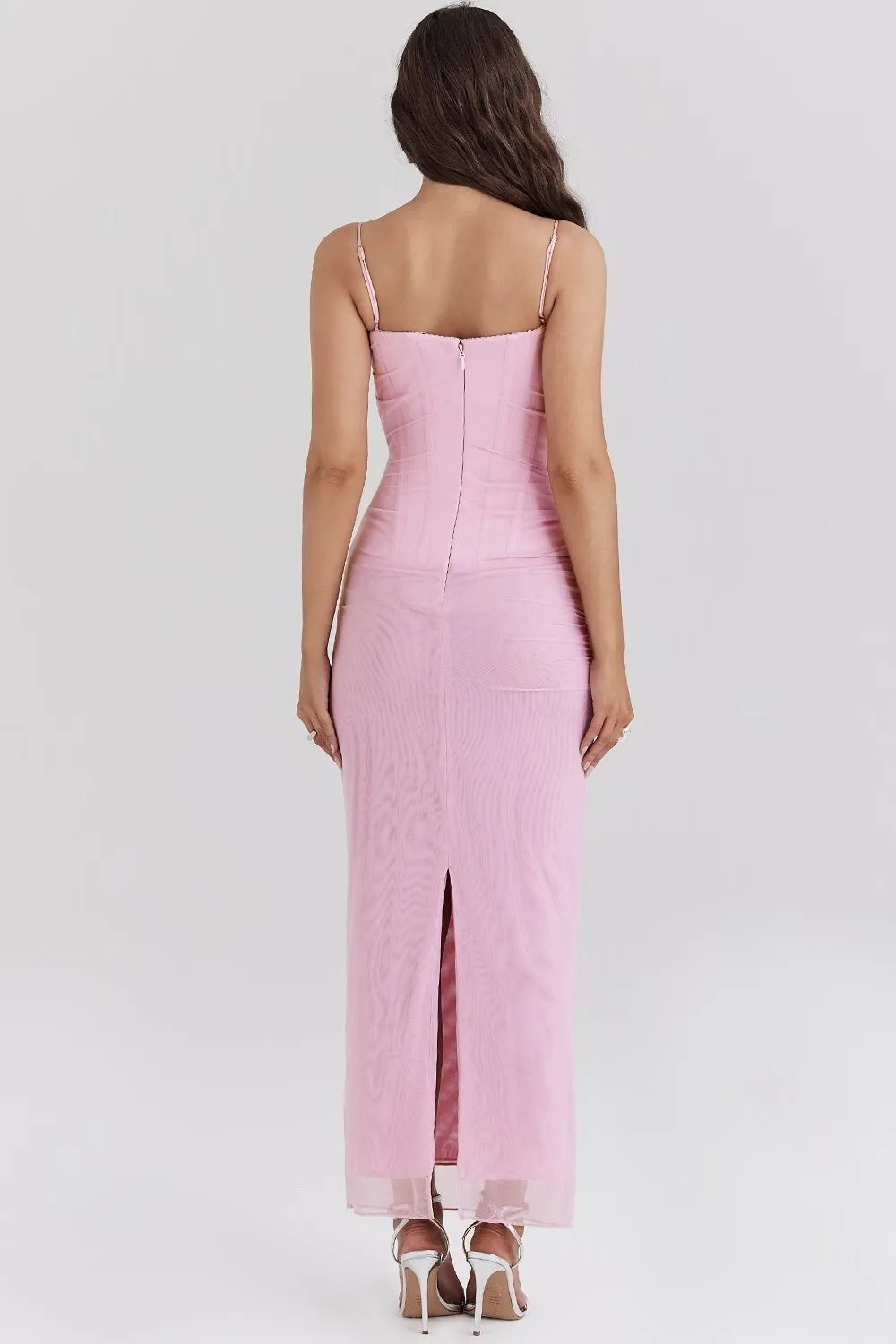 Elegant Mesh Patchwork Bodycon Dress With Spaghetti Straps And Double Layered Zipper Detail