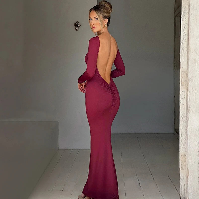 Elegant Backless Long Sleeve Maxi Dress With Bodycon Fit