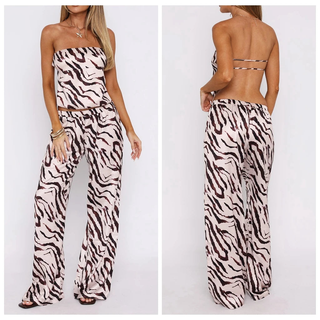 Elegant Satin Strapless Backless Crop Top And Elastic Waist Pants Set For Women