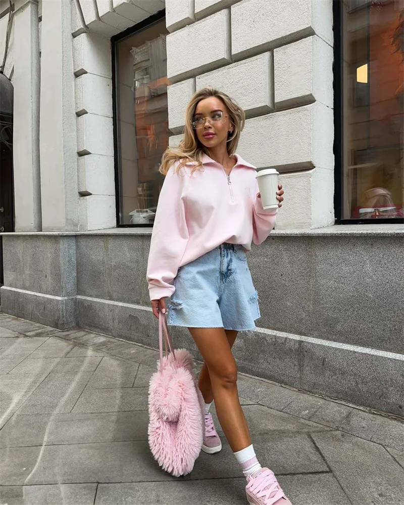 Fashion Women Pink Sweatshirt Vintage  Pullover Loose Half Zip Letter Embroidery Outwear