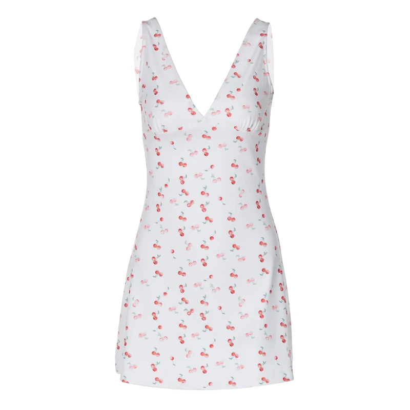 Cherry Print Straps Backless Draped Mini Dress