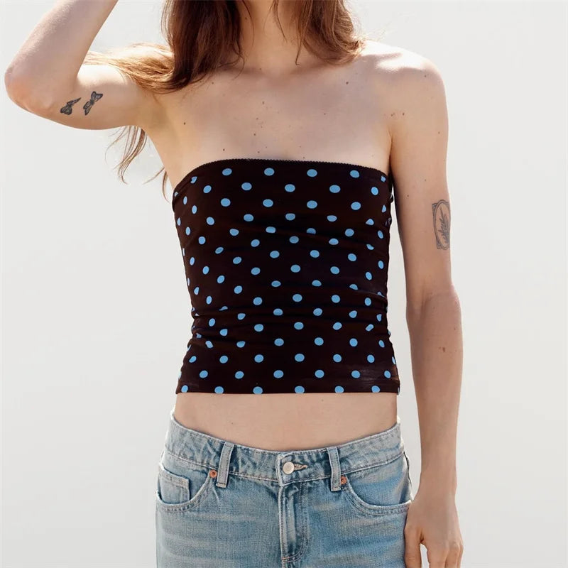 Vintage Polka Dot Print Strapless Tube Top Women Sleeveless Slim Fit Cropped Bandeau Top