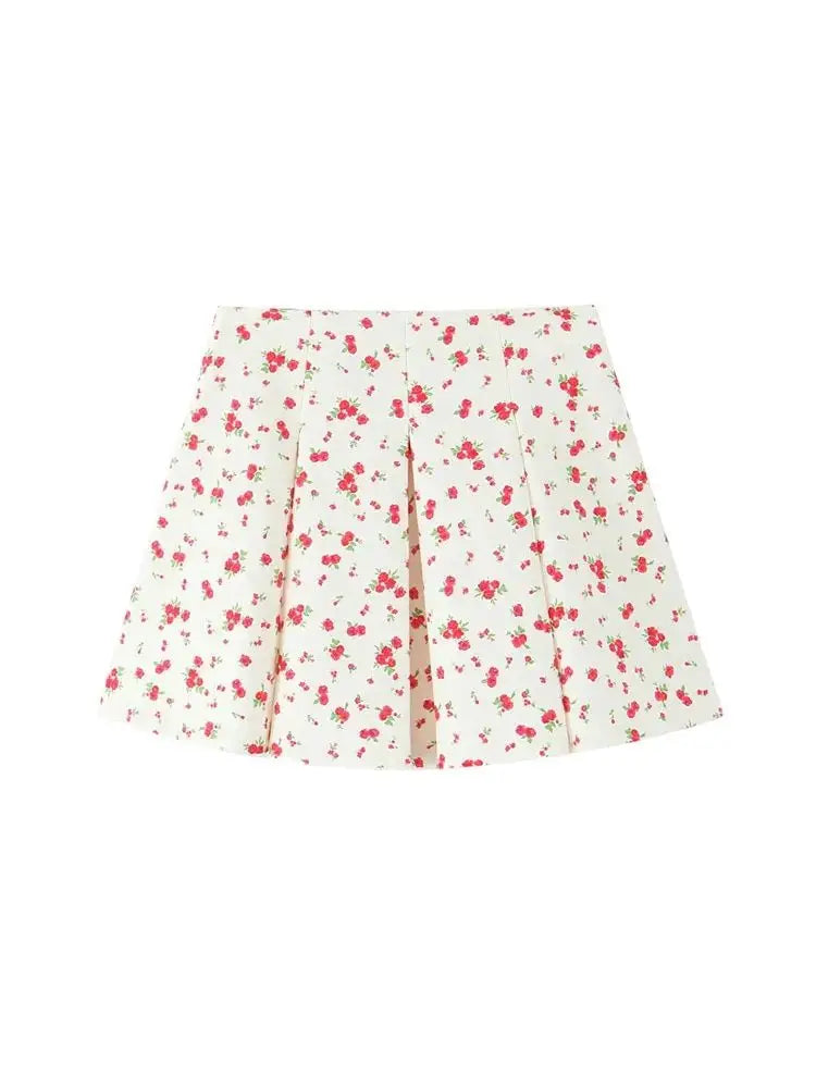 Floral Print Tank Top And Mid Waist Pleated Mini Skirt Two-piece Set
