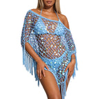 Crochet Beach Cover Up For Women Lightweight Triangle Tassel Hem Sequins Off Shoulder Poncho