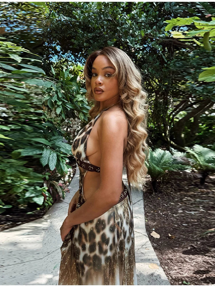 Leopard Print Halter Mini Dress With V Neck Backless Silhouette Sleek Bodycon