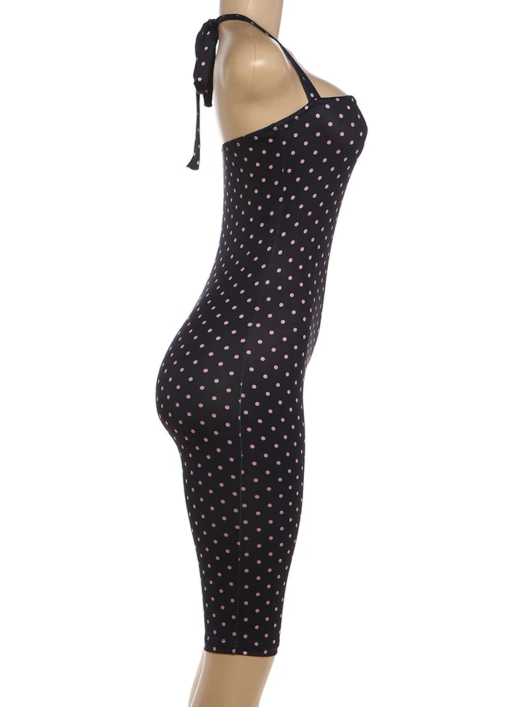 Polka Dot Backless Halter Romper In Peach With Lace Up Detail