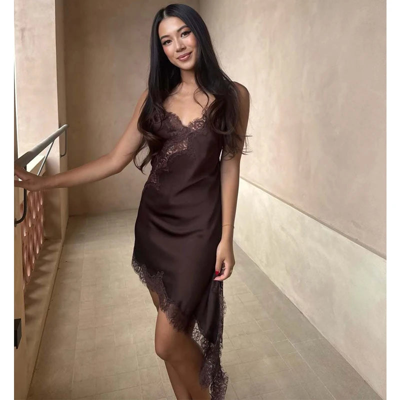 Lace Slip Mini Dress With Satin Backless Asymmetric Cut