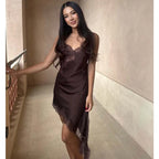 Lace Slip Mini Dress With Satin Backless Asymmetric Cut