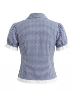 Vintage Lapel Collar Puff Sleeve Lace Patchwork Sweet Plaid Single Breasted Blouse